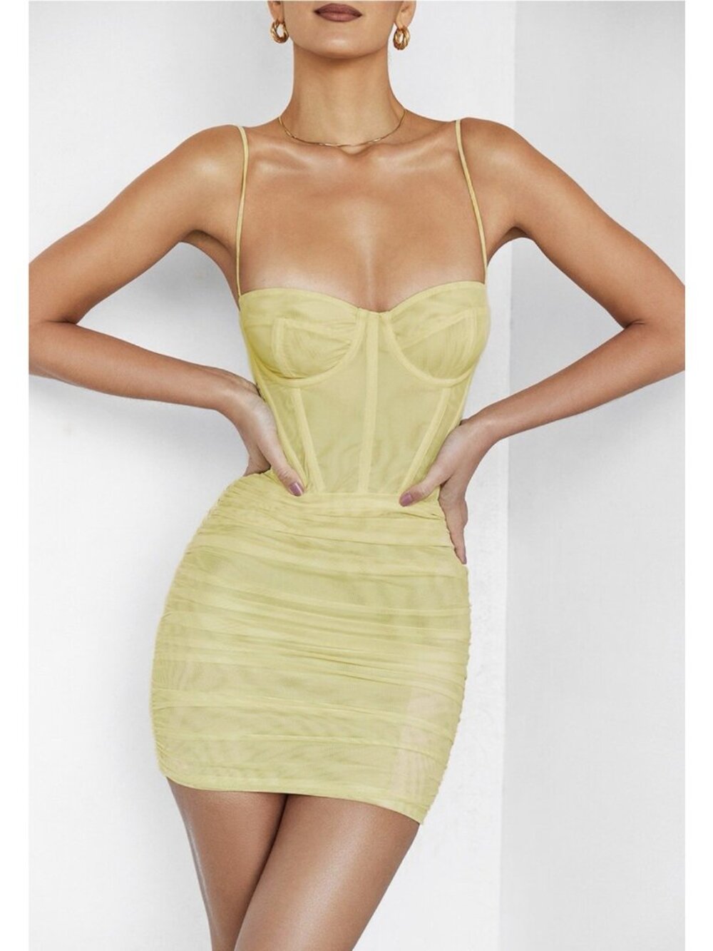 Mistress Rocks Magical Yellow Cream Ruched Corset Mesh Bodycon Mini Dress Small